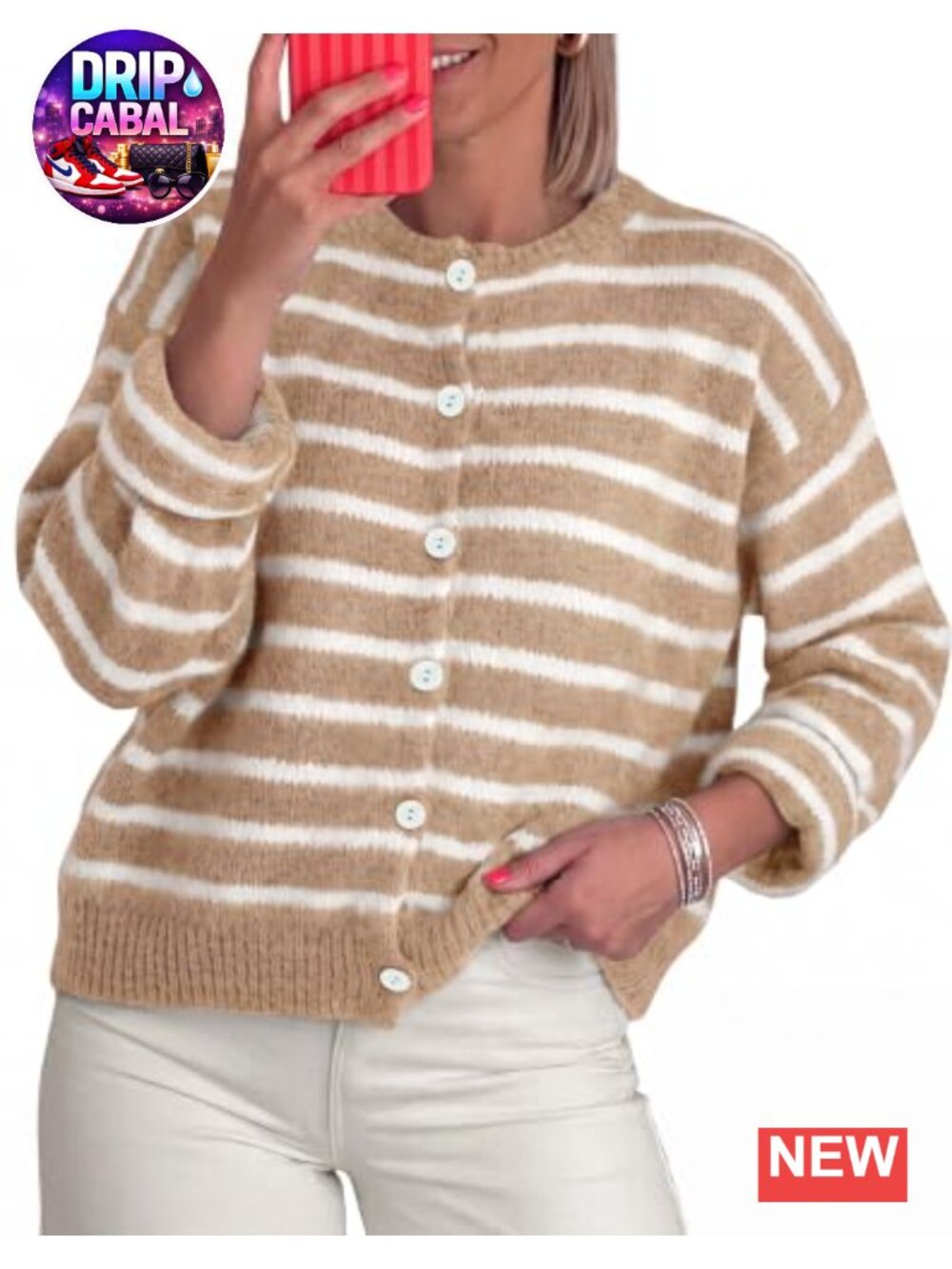 Chunky Knit Striped Cardigan Button Front Loose Fit Women's Casual Sweater